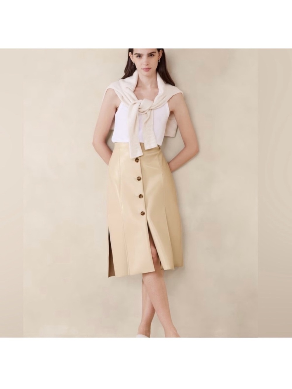 Banana Republic Vegan Leather Pencil Skirt Beige Button Front Closure NWT